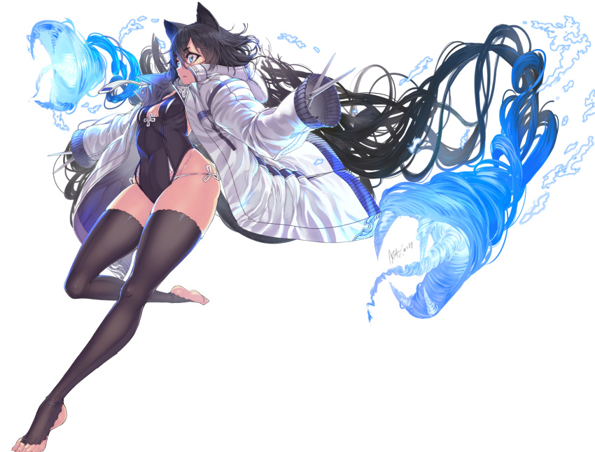 1girl ayaki barefoot black_hair black_legwear blue_eyes breasts character_request coat commentary_request copyright_request covered_navel full_body highres long_hair long_legs long_sleeves looking_to_the_side panties parted_lips scissors side-tie_panties signature small_breasts solo thigh-highs toeless_legwear underwear white_background white_coat white_panties winter_clothes winter_coat