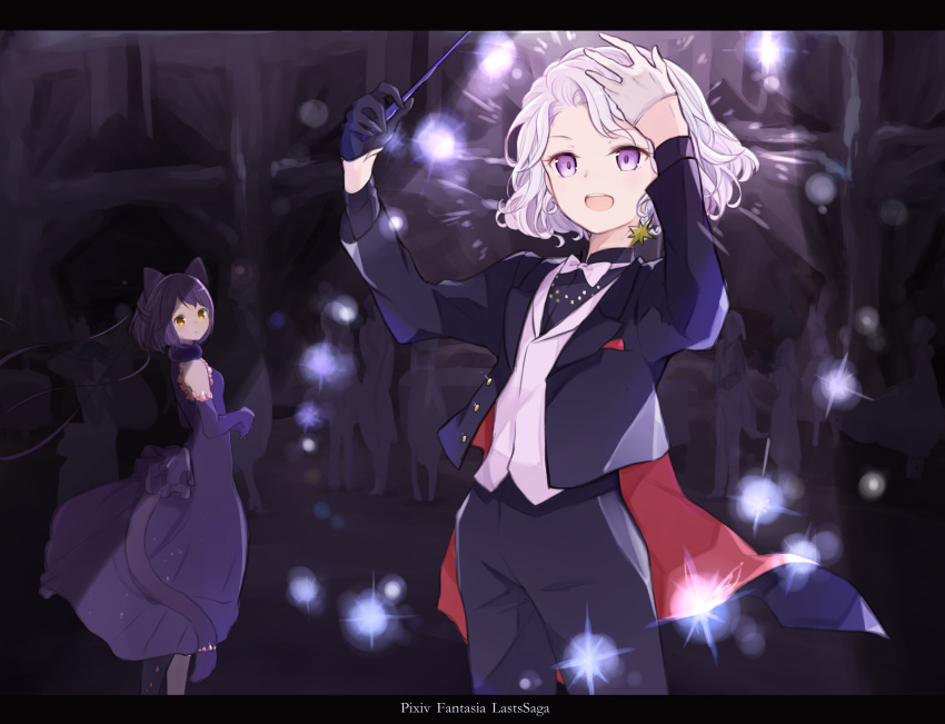 1boy 1girl :d absurdres alyssa_missru_hambleton animal_ears black_gloves black_hair black_suit bow bowtie brown_eyes cape cat_ears cat_tail copyright_name crown dark_background dress earrings elbow_gloves gloves highres indoors jewelry long_sleeves mismatched_gloves open_mouth pixiv_fantasia pixiv_fantasia_last_saga pleiades_(pixiv_fantasia_last_saga) purple_dress purple_gloves short_hair silhouette smile standing tail vest white_gloves white_hair white_neckwear white_vest yokatoyit