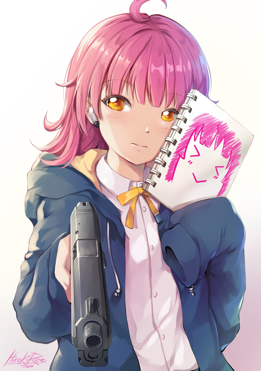 &gt;_&lt; 1girl ahoge aiming_at_viewer artist_name backlighting bangs blue_sweater blush buttons expressionless eyebrows_visible_through_hair gun highres hiroki_ree holding_notebook long_sleeves looking_at_viewer love_live! love_live!_school_idol_festival notebook perfect_dream_project pink_hair ribbon shirt sweater tennouji_rina upper_body weapon white_shirt yellow_eyes yellow_ribbon
