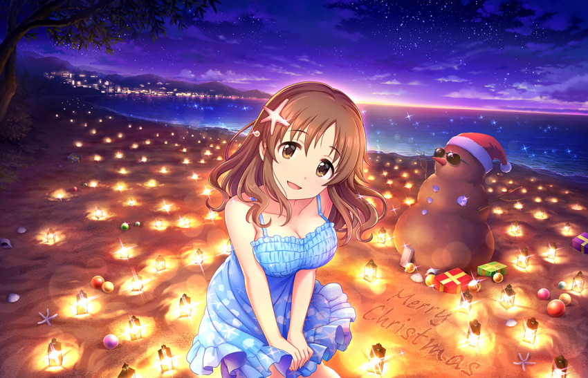 beach blush brown_eyes brown_hair dress idolmaster_cinderella_girls_starlight_stage long_hair night totoki_airi twintails