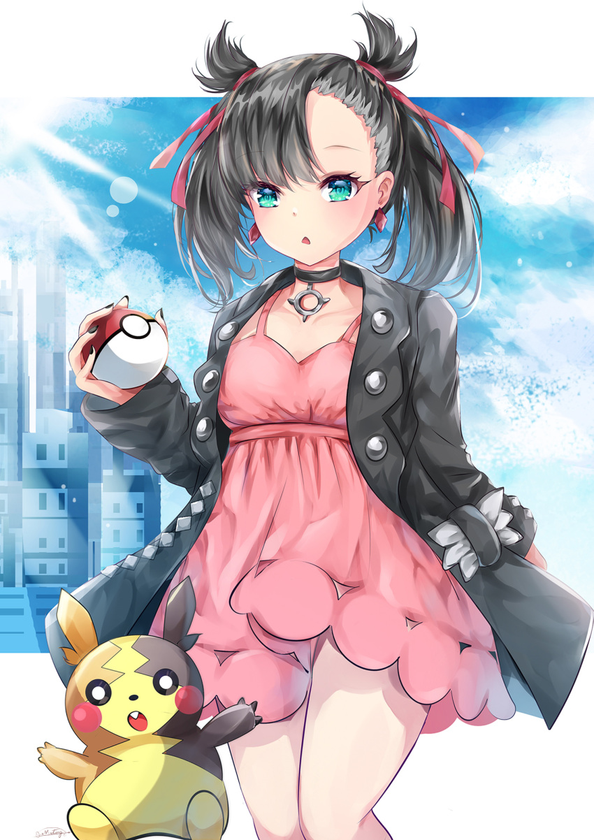 1girl asymmetrical_bangs bangs black_choker black_hair black_jacket black_nails blue_sky breasts building choker commentary_request day dress earrings eyebrows_visible_through_hair gen_8_pokemon green_eyes hair_ribbon highres holding holding_poke_ball jacket jewelry long_sleeves looking_at_viewer mary_(pokemon) morpeko mutang nail_polish open_clothes open_jacket parted_lips pink_dress poke_ball poke_ball_(generic) pokemon pokemon_(creature) pokemon_(game) pokemon_swsh red_ribbon ribbon signature sky sleeves_past_wrists small_breasts sunlight twintails