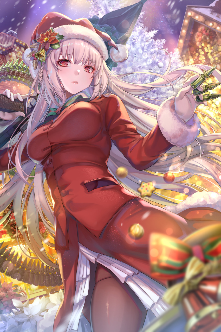 1girl black_legwear breasts bullet closed_mouth expressionless eyebrows_visible_through_hair fate/grand_order fate_(series) florence_nightingale_santa_(fate/grand_order) gloves grey_hair gun hat highres holding holding_bullet holding_gun holding_weapon long_hair looking_at_viewer medium_breasts pantyhose red_eyes red_headwear santa_costume santa_hat solo torino_akua weapon white_gloves