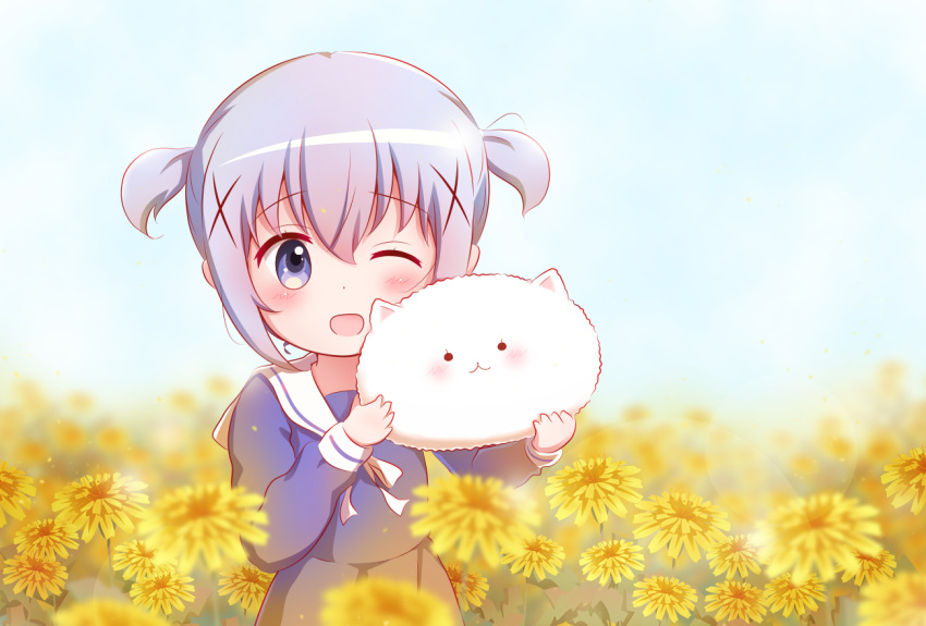 1girl ;d angora_rabbit animal bangs blue_dress blue_eyes blue_hair blurry blurry_background blurry_foreground blush commentary_request dandelion day depth_of_field dress eyebrows_visible_through_hair field flower flower_field gochuumon_wa_usagi_desu_ka? goth_risuto hair_between_eyes hands_up holding holding_animal kafuu_chino long_sleeves looking_at_viewer one_eye_closed open_mouth outdoors partial_commentary rabbit revision sailor_collar sailor_dress sidelocks smile tippy_(gochiusa) two_side_up white_sailor_collar yellow_flower