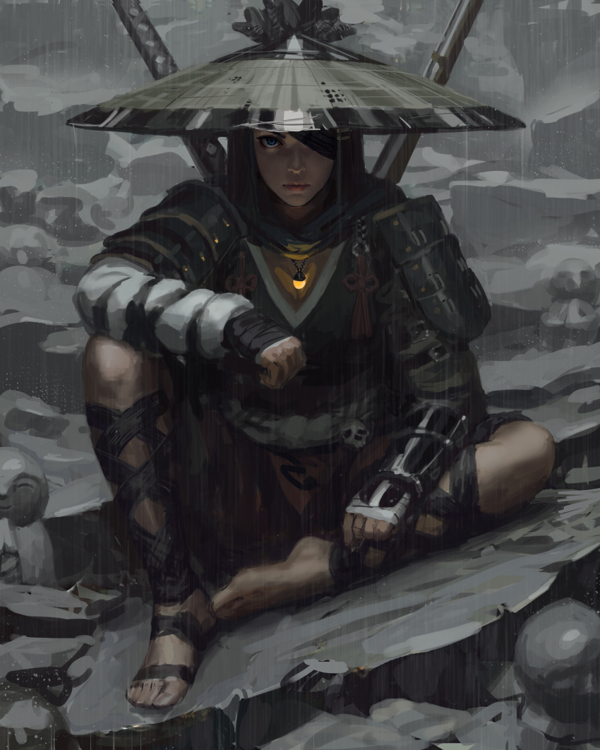 1girl absurdres arm_guards bandaged_arm bandages barefoot black_hair black_headwear black_scarf blue_eyes closed_mouth full_body glowing guweiz highres jewelry jingasa katana knee_up looking_at_viewer one_eye_covered original outdoors pendant rain scarf shoulder_armor sitting skull solo sword tassel weapon