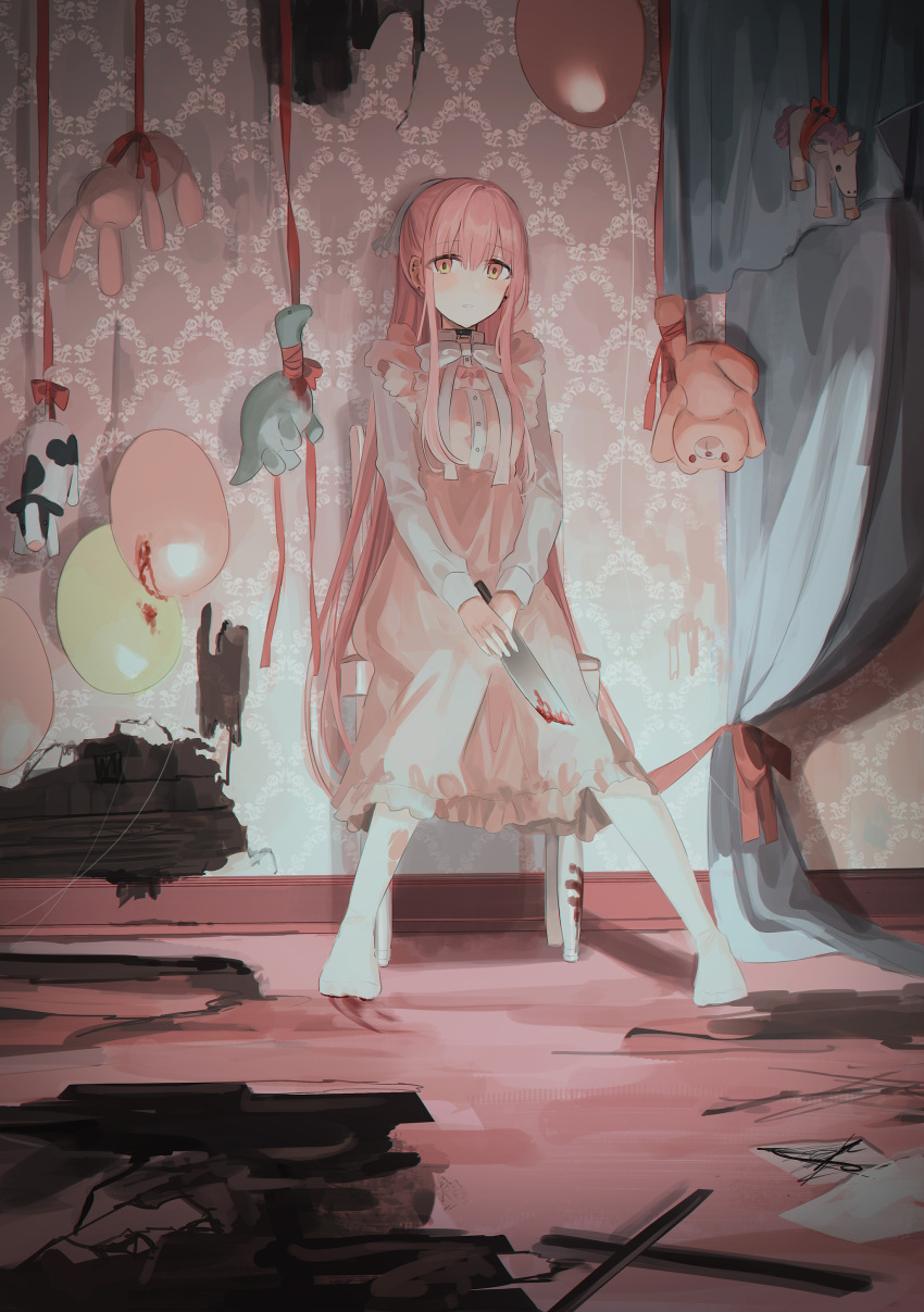 1girl absurdres balloon bangs blood bloody_knife breasts chair chihuri curtains dress ear_piercing earrings eyebrows_visible_through_hair hair_between_eyes hair_ribbon highres holding holding_knife indoors jewelry knife long_hair long_sleeves looking_at_viewer no_shoes on_chair original pantyhose parted_lips piercing pink_dress pink_hair red_eyes red_ribbon ribbon shirt sitting sleeveless sleeveless_dress small_breasts solo stud_earrings stuffed_animal stuffed_bunny stuffed_cow stuffed_dinosaur stuffed_toy stuffed_unicorn teddy_bear very_long_hair white_legwear white_ribbon white_shirt yana_(chihuri)
