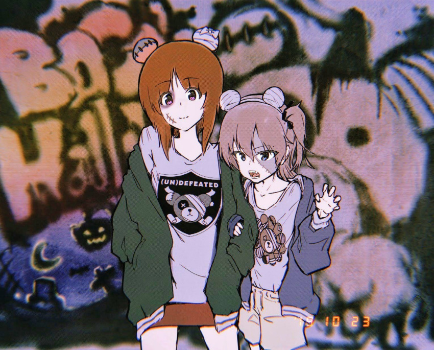 2girls alternate_eye_color animal_ears animal_print arm_grab bangs bear_ears bear_print black_eyes black_ribbon blue_eyes blue_jacket boko_(girls_und_panzer) brown_hair brown_shorts claw_pose closed_mouth commentary crescent_moon dated english_text eyebrows_visible_through_hair fake_animal_ears fangs frown girls_und_panzer goripan graveyard green_jacket grey_shorts hair_ribbon halloween halloween_costume hands_in_pockets highres jack-o'-lantern jacket light_brown_hair long_hair long_sleeves looking_at_viewer miniskirt moon multiple_girls nishizumi_miho off_shoulder one_side_up open_clothes open_jacket open_mouth red_skirt ribbon shimada_arisu shirt short_hair shorts skirt smile standing stitches t-shirt violet_eyes