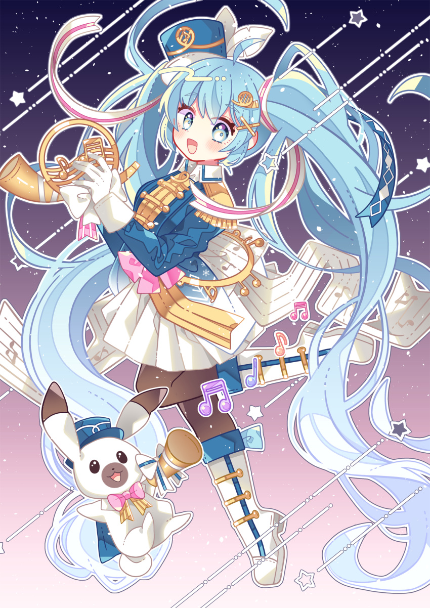 1girl :d animal blue_eyes blue_hair blue_headwear blue_shirt blush boots bow bowtie brown_legwear epaulettes french_horn gloves hair_ornament hairclip hat hatsune_miku highres holding holding_instrument horn_(instrument) ie_(nyj1815) instrument long_hair looking_at_viewer mini_hat musical_note musical_note_print open_mouth pantyhose pink_neckwear pleated_skirt rabbit rabbit_yukine shako_cap shirt skirt smile star tilted_headwear twintails very_long_hair vocaloid white_bow white_footwear white_gloves white_skirt x_hair_ornament yuki_miku yuki_miku_(2020)