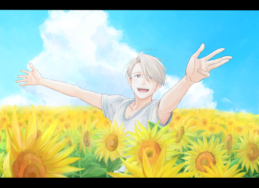 1boy :d blue_eyes blue_sky clouds flower male_focus open_mouth outstretched_arms shirt silver_hair sky smile spread_arms sunflower t-shirt takeshi_(mononohu20) upper_body viktor_nikiforov yuri!!!_on_ice