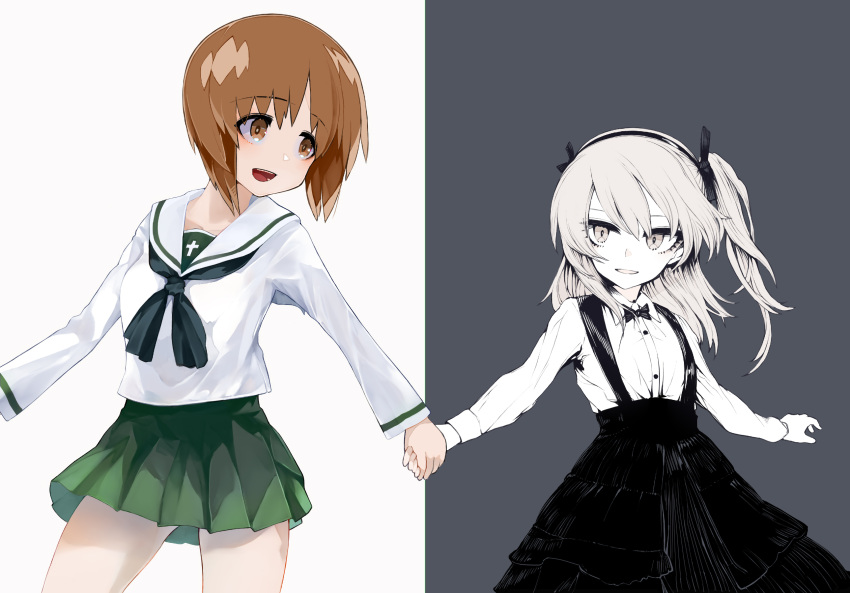2girls bangs blouse bow bowtie brown_hair casual collared_shirt commentary eyebrows_visible_through_hair girls_und_panzer green_skirt greyscale hair_ribbon high-waist_skirt highres holding_hands layered_skirt long_hair long_sleeves looking_at_another looking_back miniskirt monochrome multiple_girls neckerchief nishizumi_miho one_side_up ooarai_school_uniform open_mouth partially_colored pleated_skirt ribbon school_uniform serafuku shimada_arisu shirt short_hair skirt smile standing suspender_skirt suspenders susumu white_background white_blouse