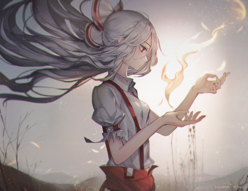 1girl arm_belt artist_name baggy_pants bare_tree blurry bow breasts chromatic_aberration closed_mouth collared_shirt commentary_request depth_of_field fire floating_hair from_side fujiwara_no_mokou grey_sky hair_bow hands_up highres huge_filesize long_hair ofuda pants profile puffy_short_sleeves puffy_sleeves red_eyes red_pants revision shirt short_sleeves silver_hair small_breasts solo sparks suspenders torn_clothes torn_sleeves touhou tree unity_(ekvmsp02) upper_body very_long_hair white_bow white_shirt wing_collar