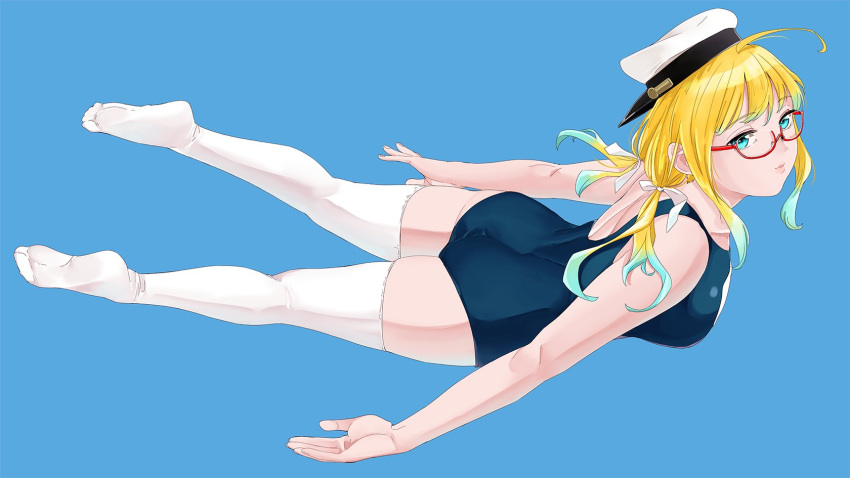 1girl ahoge aqua_eyes ass bangs blonde_hair blue_background blue_swimsuit breasts full_body glasses gradient_hair hair_ribbon hat highres i-8_(kantai_collection) kantai_collection lips low_twintails medium_breasts multicolored_hair ojipon one-piece_swimsuit parted_lips peaked_cap red-framed_eyewear ribbon school_swimsuit simple_background solo swimsuit thigh-highs twintails white_headwear white_legwear