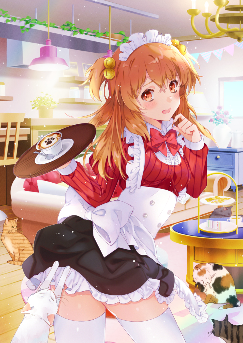 1girl :d black_skirt blush bow cat cat_cafe chair coffee_mug couch cup grey_cat highres holding holding_tray latte_art liechi light long_sleeves maid mug open_mouth original plant potted_plant red_bow red_eyes red_shirt restaurant revision shelf shirt skirt smile spoon standing string_of_flags striped striped_shirt thigh-highs tiered_tray tray twisted_torso vase waitress white_bow white_cat white_legwear wooden_floor