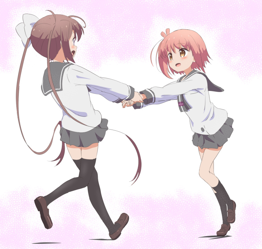 2girls :d bangs black_legwear blush bow brown_eyes brown_footwear brown_hair commentary_request eye_contact eyebrows_visible_through_hair fang grey_neckwear grey_sailor_collar grey_skirt hair_bow highres holding_hands ichinose_hana loafers long_sleeves looking_at_another momochi_tamate multiple_girls open_mouth outstretched_arms pleated_skirt profile sailor_collar school_uniform serafuku shirt shoes skirt slow_start smile socks standing standing_on_one_leg thigh-highs trg-_(sain) twintails white_bow white_shirt