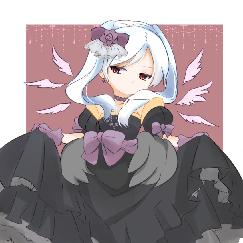 1girl black_dress bow closed_mouth dress fire_emblem fire_emblem_awakening gloves grima_(fire_emblem) highres puni_y_y purple_gloves red_eyes robin_(fire_emblem) robin_(fire_emblem)_(female) simple_background solo twintails wedding_dress white_hair