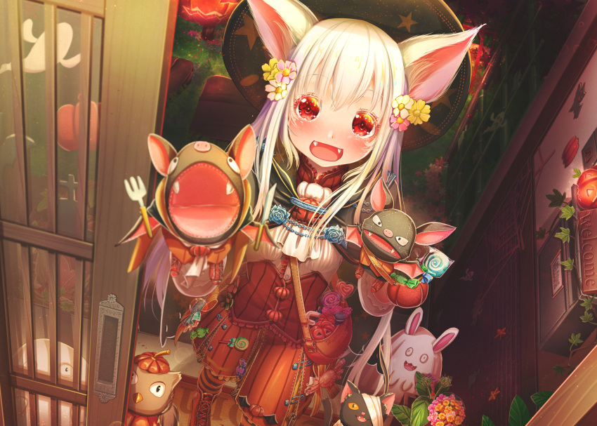 1girl :d abo_(kawatasyunnnosukesabu) animal_ears bag bandage_over_one_eye black_cat blush candy cat commentary_request doorway fangs flower food fork hair_flower hair_ornament halloween halloween_costume hand_puppet hat highres jack-o'-lantern knife lollipop long_hair looking_at_viewer mailbox_(incoming_mail) open_mouth orange_pants orange_vest original pants pink_flower pumpkin puppet red_eyes shoes shoulder_bag smile sneakers solo star star_print striped striped_legwear trick_or_treat vertical-striped_pants vertical_stripes white_flower white_hair yellow_flower