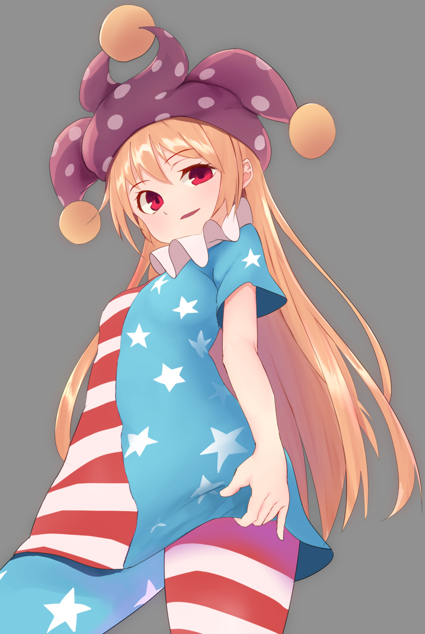 1girl absurdres american_flag_dress american_flag_legwear bangs blonde_hair blue_dress blue_legwear breasts clownpiece commentary_request cowboy_shot dress eyebrows_visible_through_hair grey_background hat highres jester_cap long_hair looking_at_viewer neck_ruff pantyhose parted_lips partial_commentary polka_dot polka_dot_hat purple_headwear red_dress red_eyes red_legwear short_dress short_sleeves shuu_(horikisyu) simple_background small_breasts solo standing star star_print striped striped_dress striped_legwear thighs touhou very_long_hair white_dress white_legwear