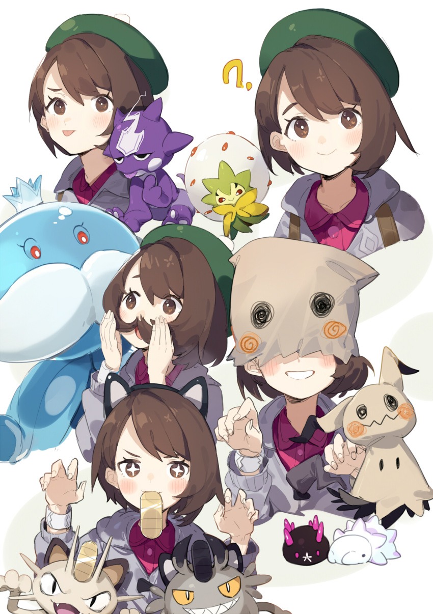 1girl ? animal_ears backpack bag bag_over_head bangs black_hairband blush brown_eyes brown_hair claw_pose closed_mouth collared_shirt cosplay crown dress eldegoss eyebrows_visible_through_hair facing_viewer fake_animal_ears galarian_form galarian_meowth gen_1_pokemon gen_5_pokemon gen_7_pokemon gen_8_pokemon gold green_headwear grey_cardigan grin hair_between_eyes hairband highres hood hood_down hooded_cardigan jellicent koban_(gold) long_sleeves meowth mimikyu mimikyu_(cosplay) mini_crown mouth_hold pink_dress pokemon pokemon_(creature) pokemon_(game) pokemon_swsh pyukumuku sh_(562835932) sharp_teeth shirt smile snom tam_o'_shanter teeth toxel yuuri_(pokemon)