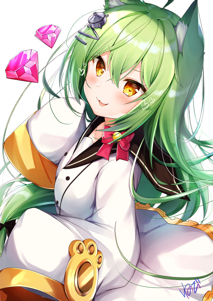 1girl absurdres ahoge akashi_(azur_lane) animal_ear_fluff animal_ears azur_lane bangs bell black_bow black_sailor_collar blush bow brown_eyes cat_ears commentary_request dress eyebrows_visible_through_hair green_hair hair_bell hair_between_eyes hair_bow hair_ornament hand_up heart highres jingle_bell long_hair long_sleeves looking_at_viewer nenobi_(nenorium) parted_lips red_bow revision ruby_(gemstone) sailor_collar sailor_dress signature sleeves_past_fingers sleeves_past_wrists smile solo very_long_hair white_background white_dress