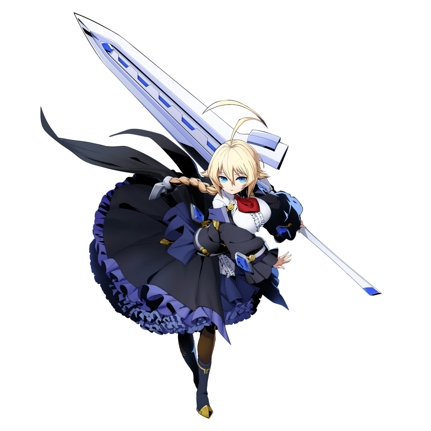 1girl ahoge bangs blazblue blazblue:_cross_tag_battle blonde_hair blue_eyes braid breasts dress es_(xblaze) eyebrows_visible_through_hair frills hair_between_eyes hair_weapon highres higuchi_konomi holding holding_sword holding_weapon huge_ahoge large_breasts long_hair long_sleeves looking_at_viewer necktie single_braid solo sword weapon xblaze xblaze_code:_embryo xblaze_lost:_memories