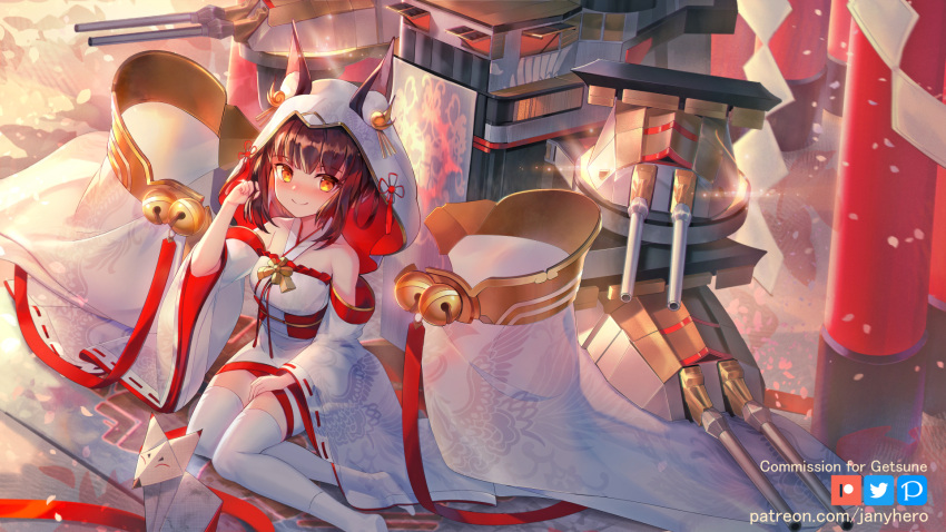 1girl animal_ear_fluff animal_ears azur_lane bare_shoulders bell black_hair blush cannon closed_mouth commentary commission detached_sleeves ears_through_headwear english_commentary fox_ears hand_up highres hood hood_up janyhero jingle_bell long_sleeves looking_at_viewer machinery nagato_(azur_lane) no_shoes obi red_eyes sash short_hair sitting smile solo thigh-highs torii turret watermark web_address white_legwear white_sleeves wide_sleeves yokozuwari