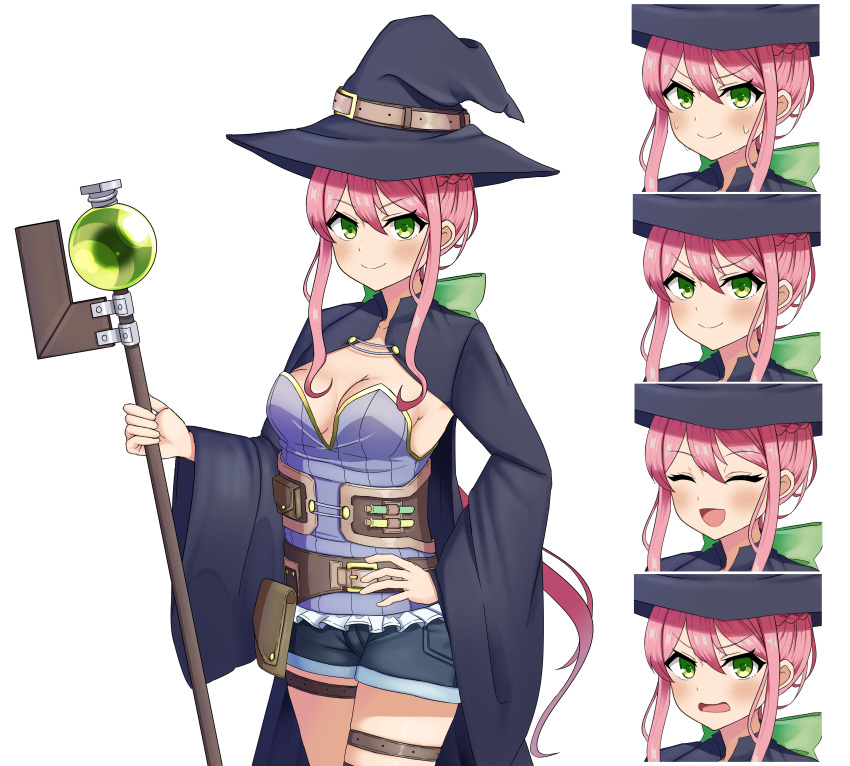 1girl :d :o absurdres belt black_hair blush braid breasts closed_eyes denim denim_shorts green_eyes hair_between_eyes hand_on_hip hat hat_belt highres looking_at_viewer medium_breasts multiple_views open_mouth original pink_hair potion pouch short_shorts shorts sidelocks simple_background smile staff standing sweatdrop thigh_strap vial villager_26n white_background wide_sleeves witch witch_hat