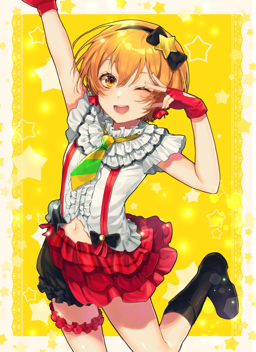 1girl ;d arm_up black_bow black_footwear black_legwear black_skirt boots bow center_frills earrings frilled_shirt_collar frills gloves hair_bow hairband highres hoshizora_rin jewelry kneehighs looking_at_viewer love_live! love_live!_school_idol_project navel one_eye_closed open_mouth orange_eyes orange_hair red_gloves red_skirt shinotarou_(nagunaguex) shirt short_hair single_garter skirt smile solo star starry_background striped striped_neckwear suspenders two-tone_skirt w_over_eye white_shirt yellow_background yellow_neckwear