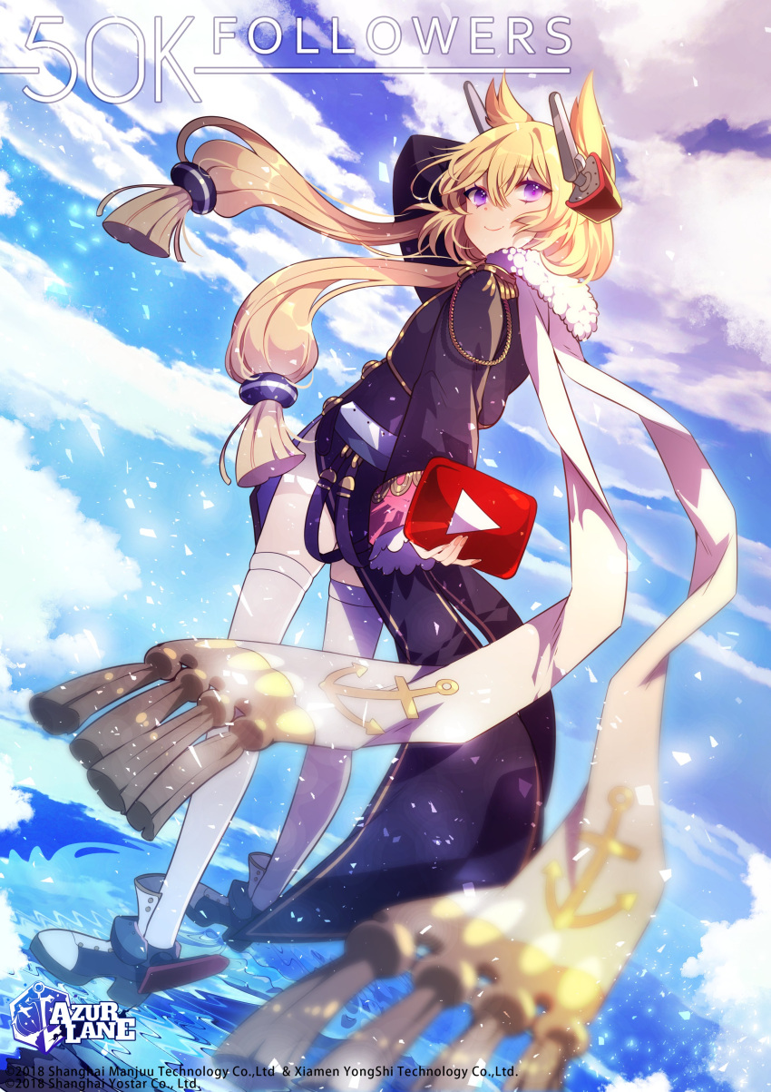1girl absurdres azur_lane bangs blonde_hair blush breasts eyebrows_visible_through_hair floating_hair gloves hair_between_eyes headgear highres holding logo long_hair long_legs looking_at_viewer low_twintails motomiya_mitsuki official_art open_mouth rudder_footwear scarf shoes sidelocks smile solo standing standing_on_liquid thigh-highs twintails violet_eyes warspite_(azur_lane) watermark white_gloves white_legwear white_scarf youtube_logo