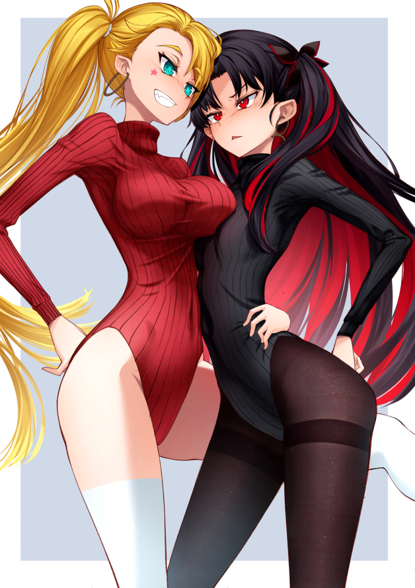 bangs black_hair black_legwear black_leotard blonde_hair blush breasts calamity_jane_(fate/grand_order) cluseller covered_navel earrings facial_tattoo fate/grand_order fate_(series) fingerless_gloves glaring gloves green_eyes grin hand_on_hip highleg highleg_leotard highres hoop_earrings horns jewelry large_breasts leotard long_hair long_sleeves multicolored_hair multiple_girls navel open_mouth pantyhose parted_bangs red_eyes red_leotard redhead ribbed_leotard ribbon side_ponytail smile space_ishtar_(fate) star_tattoo sweater tattoo thighband_pantyhose thighs turtleneck turtleneck_leotard turtleneck_sweater two-tone_hair two_side_up very_long_hair