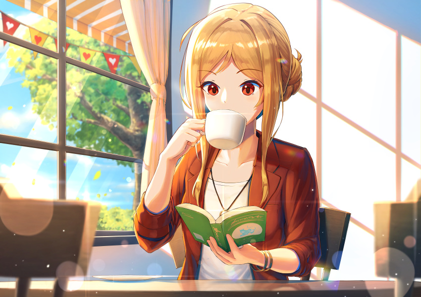 1girl absurdres awning blonde_hair blurry book bracelet chair cup curtains day depth_of_field drinking eyebrows_visible_through_hair glass hair_bun hair_up heart highres holding holding_book holding_cup huge_filesize idolmaster idolmaster_million_live! idolmaster_million_live!_theater_days indoors jacket jewelry long_hair mazeru_(oekaki1210) momose_rio open_book pendant plate reading red_eyes sidelocks sitting solo string_of_flags table tree upper_body window window_shade