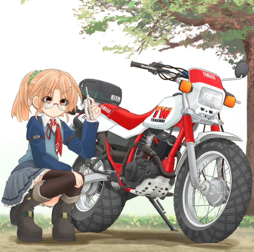 1girl boots graphite_(medium) ground_vehicle highres mechanical_pencil mikeran_(mikelan) motor_vehicle motorcycle orange_eyes orange_hair original pencil ponytail thigh-highs thigh_boots traditional_media yamaha