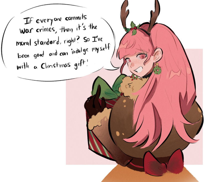 1girl animal_costume antlers box earrings english_text fire_emblem fire_emblem:_three_houses from_behind funyanrinpa fur_trim gift gift_box gloves grin highres hilda_valentine_goneril holding jewelry long_hair looking_back pink_eyes pink_hair ponytail reindeer_antlers reindeer_costume simple_background smile solo upper_body