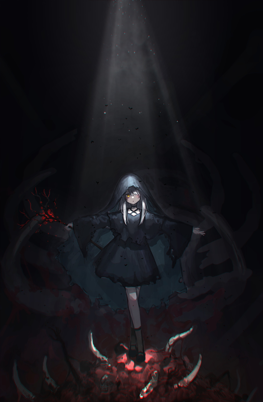 1girl black_footwear blood blush bone corpse fantasy glowing hair_over_one_eye highres holding holding_wand hood hood_up leaf light_rays oota_youjo original parted_lips ribs scenery shaded_face solo standing sunbeam sunlight torn_clothes wand white_hair yellow_eyes