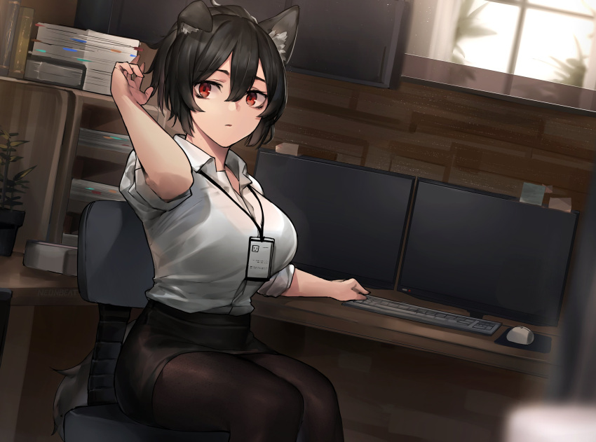 1girl absurdres animal_ears arm_up bangs black_hair black_skirt breasts brown_eyes chair closed_mouth collared_shirt computer curtains desk dress_shirt dutch_angle english_commentary hair_between_eyes highres id_card keyboard_(computer) lanyard large_breasts miniskirt monitor mouse_(computer) neonbeat office_chair original pantyhose paper_stack papers pencil_skirt shirt short_hair sitting skirt sleeves_rolled_up sticky_note tail white_shirt window