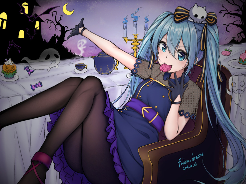 1girl artist_name bat black_gloves black_legwear blue_dress blue_fire candle candy chair crescent_moon cup cupcake dated dress fire follow_dreams food ghost gloves hair_between_eyes hair_ornament hair_ribbon halloween hatsune_miku highres jack-o'-lantern lollipop long_hair looking_at_viewer moon mouth_hold night outdoors outstretched_arm pantyhose ribbon sitting skull_hair_ornament solo swirl_lollipop table tablecloth teacup teapot tombstone twintails very_long_hair vocaloid