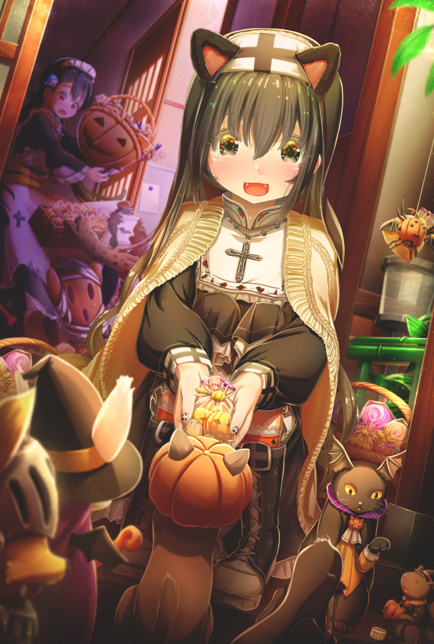 2girls :d abo_(kawatasyunnnosukesabu) absurdres animal animal_ears apron bag bangs basket bird_hair_ornament black_cat black_eyes black_footwear black_hair boots bug cape cat cat_ears clothed_animal commentary_request cross cross_necklace fangs hair_ornament halloween halloween_costume haniwa_(statue) hat head_wings highres holding holding_bag hood jack-o'-lantern jewelry lace lace-trimmed_legwear long_hair long_sleeves maid_headdress mouse multiple_girls nail_polish necklace nun open_mouth orange_legwear original red_eyes smile socks spider squatting trick_or_treat witch_hat