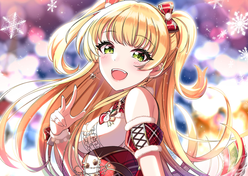 1girl blonde_hair blurry blurry_background bow breasts center_frills commentary_request depth_of_field detached_sleeves earrings fingernails frills glint green_eyes hair_bow idolmaster idolmaster_cinderella_girls idolmaster_cinderella_girls_starlight_stage jewelry jougasaki_rika long_hair plaid plaid_bow plaid_sleeves puffy_short_sleeves puffy_sleeves red_bow red_sleeves ring shirt short_sleeves small_breasts snowflakes solo sutoroa two_side_up underbust upper_body w white_shirt