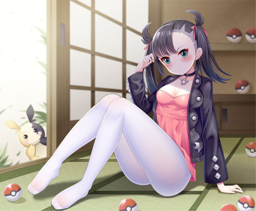 1girl :t black_choker black_hair black_jacket black_nails blurry blurry_background blush breasts choker closed_mouth collarbone depth_of_field dress feet fengli_(709622571) full_body gen_8_pokemon hair_ribbon hand_up highres indoors jacket legs long_sleeves looking_away mary_(pokemon) morpeko nail_polish no_shoes open_clothes open_jacket pantyhose pink_dress poke_ball poke_ball_(generic) pokemon pokemon_(creature) pokemon_(game) pokemon_swsh pout red_ribbon ribbon sitting small_breasts solo_focus twintails white_legwear