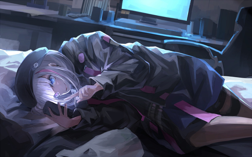 1girl bag bed bed_sheet bedroom beret blue_eyes cellphone chair computer dark desktop girls_frontline hat heterochromia highres jacket lying mdr_(girls_frontline) miyabino_(miyabi1616) monitor night phone pink_eyes plastic_bag smartphone solo text_messaging white_hair