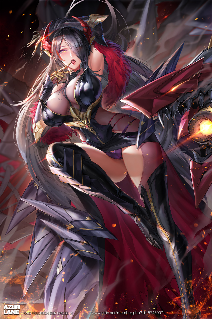 1girl arm_up armored_boots armpits azur_lane blush boots breasts friedrich_der_grosse_(azur_lane) fur_trim gauntlets hair_over_one_eye highres horns large_breasts looking_at_viewer machine mecha panties pink_eyes see-through silver_hair skin_tight skindentation smoke solo tsuki_no_i-min underwear