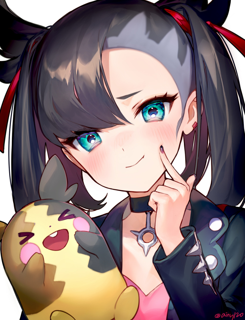 &gt;_&lt; 1girl :d ainy77 aqua_eyes artist_name bangs black_choker black_hair black_jacket black_nails blush choker commentary_request ear_piercing finger_to_cheek gen_8_pokemon hair_ribbon hand_up highres jacket long_hair long_sleeves looking_at_viewer mary_(pokemon) morpeko nail_polish open_mouth partial_commentary piercing pointy_hair pokemon pokemon_(game) pokemon_swsh red_ribbon ribbon simple_background smile solo twintails twitter_username upper_body white_background