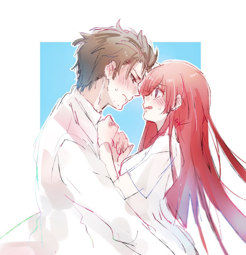 1boy 1girl accra_k bangs black_eyes blush brown_hair closed_mouth commentary_request couple ear_blush embarrassed eyebrows_visible_through_hair hair_between_eyes hetero highres hug incoming_kiss labcoat long_hair looking_at_another makise_kurisu messy_hair okabe_rintarou open_mouth redhead simple_background sketch steins;gate two-tone_background violet_eyes