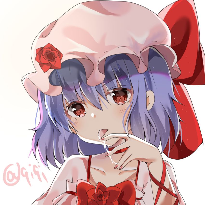 1girl :p bangs blue_hair blush bow chinese_commentary choker collarbone commentary_request dress eyebrows_visible_through_hair flower hair_between_eyes hand_up hat hat_bow hat_flower head_tilt highres looking_at_viewer mob_cap nail_polish pink_dress pink_headwear puffy_short_sleeves puffy_sleeves red_bow red_choker red_eyes red_flower red_nails red_rose remilia_scarlet rose short_hair short_sleeves simple_background solo tongue tongue_out touhou upper_body white_background youliqi