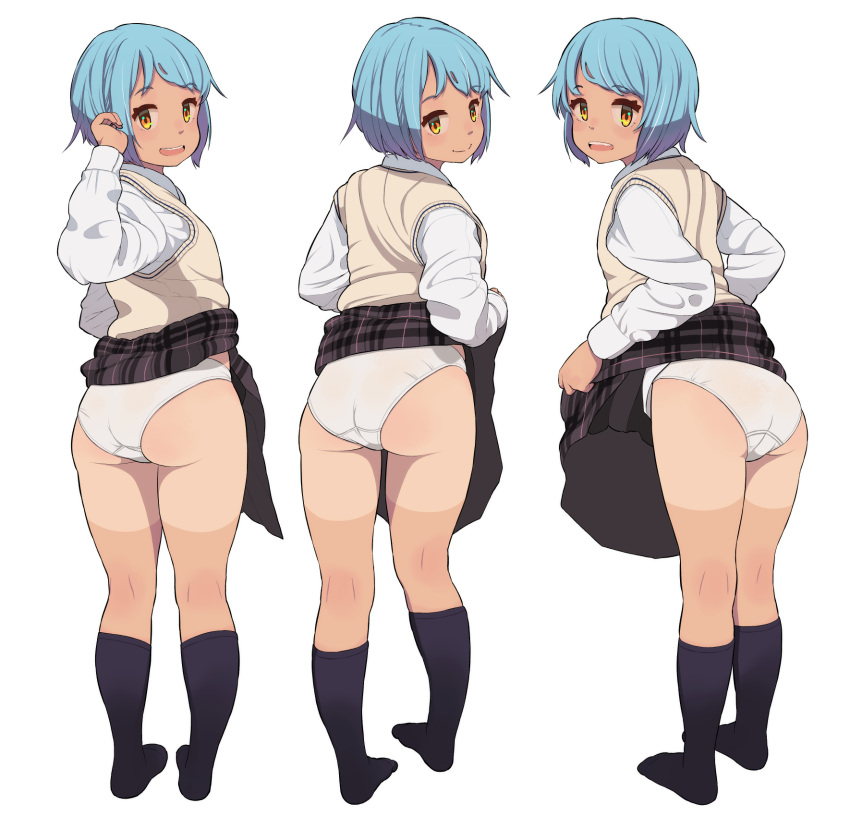 1girl :d ass back bangs black_legwear blue_hair blush character_sheet clothes_around_waist dark_skin highres kneehighs neyuki_rei open_mouth original panties pleated_skirt school_uniform short_hair skirt smile sweater_vest tan tanline teeth underwear white_panties yellow_eyes