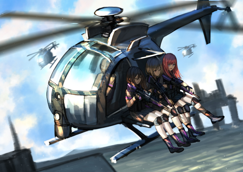 3girls ahd aircraft assault_rifle blonde_hair blurry blurry_background brown_hair day flying gloves gun helicopter highres holding holding_gun holding_weapon knee_pads military motion_blur multiple_girls original outdoors redhead rifle sitting weapon