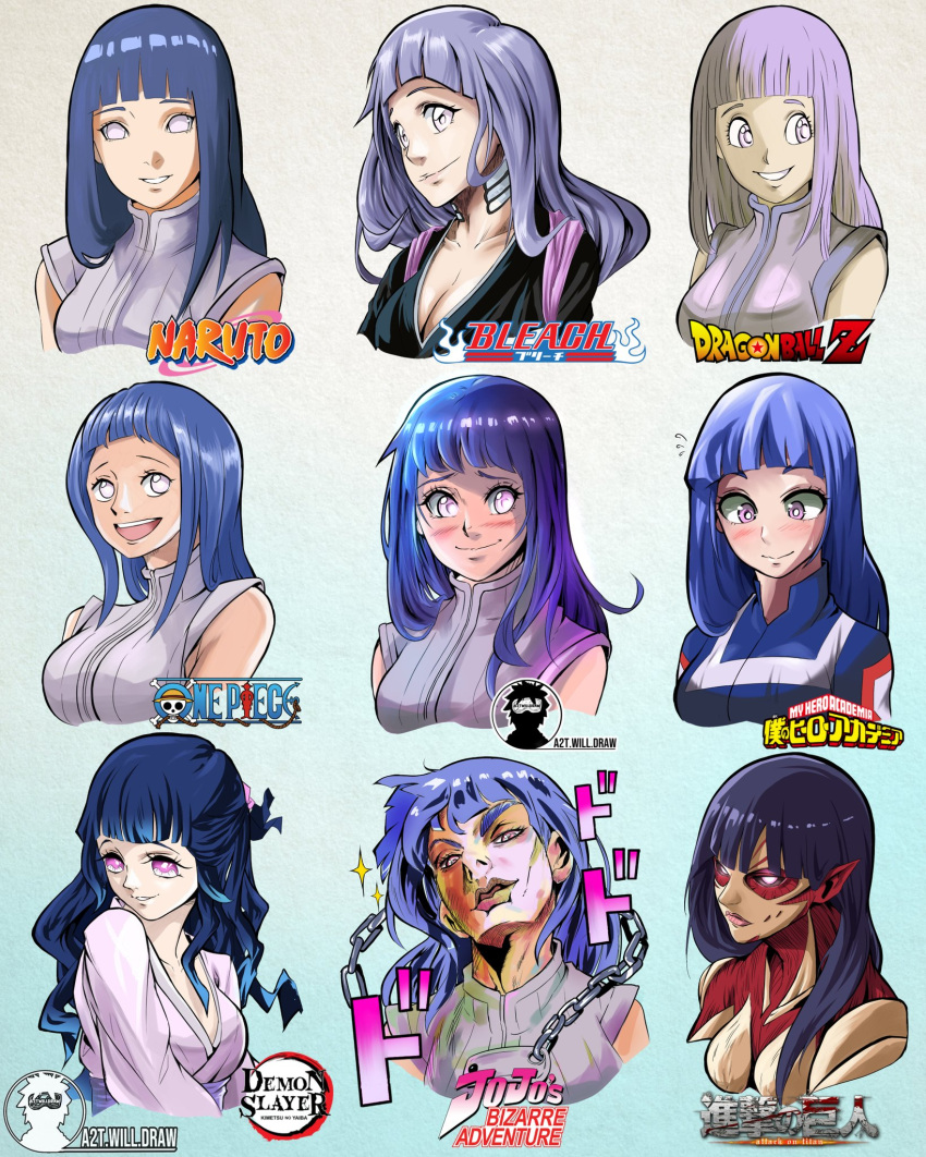 1girl a2twilldraw bangs bleach blush boku_no_hero_academia breasts crossover dragon_ball dragon_ball_z highres hyuuga_hinata jojo_no_kimyou_na_bouken kimetsu_no_yaiba large_breasts lavender_eyes long_hair naruto naruto:_the_last naruto_(series) naruto_shippuuden one_piece parody purple_hair shingeki_no_kyojin style_parody tagme white_eyes