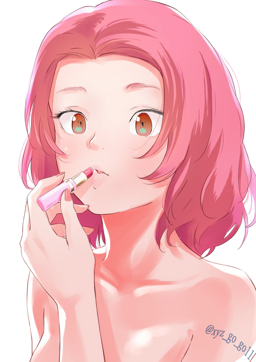 1girl applying_makeup arm_tattoo bare_shoulders brown_eyes closed_mouth commentary_request girls_und_panzer highres holding_lipstick_tube lips lipstick lipstick_tube looking_at_viewer makeup medium_hair oze_(xyz_go_go11) portrait redhead rosehip simple_background solo symbol_commentary tattoo twitter_username white_background