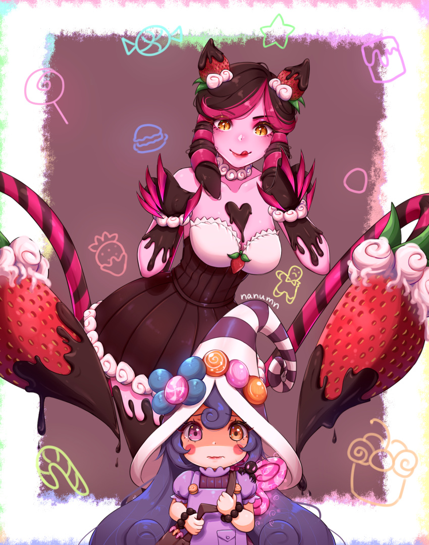 1girl 2girls bag black_dress blush_stickers breasts brown_eyes brown_hair candy chocolate claws collarbone commentary dress evelynn food fruit hair_ornament hat heterochromia highres holding large_breasts league_of_legends long_hair looking_at_viewer lulu_(league_of_legends) multiple_girls nanumn pink_hair purple_headwear sleeveless sleeveless_dress smile strapless strapless_dress strawberry tongue tongue_out violet_eyes wavy_mouth white_headwear yellow_eyes