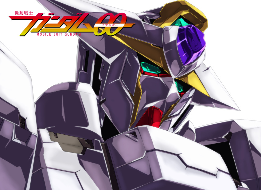 azel_(horusuke) commentary_request copyright_name english_text green_eyes gundam gundam_00 logo mecha no_humans portrait reborns_gundam shiny