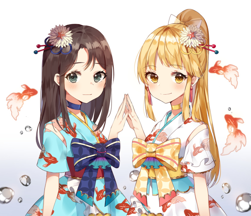 2girls alternate_hairstyle animal_print bang_dream! bangs black_eyes black_hair blonde_hair blue_choker blush bow choker churi_(oxxchurixxo) droplet fish fish_print flower goldfish goldfish_print hair_bow hair_flower hair_ornament hair_stick hands_together highres japanese_clothes kimono long_hair looking_at_viewer multiple_girls obi okusawa_misaki ponytail sash short_sleeves smile tassel_earrings tsurumaki_kokoro upper_body yellow_choker yellow_eyes