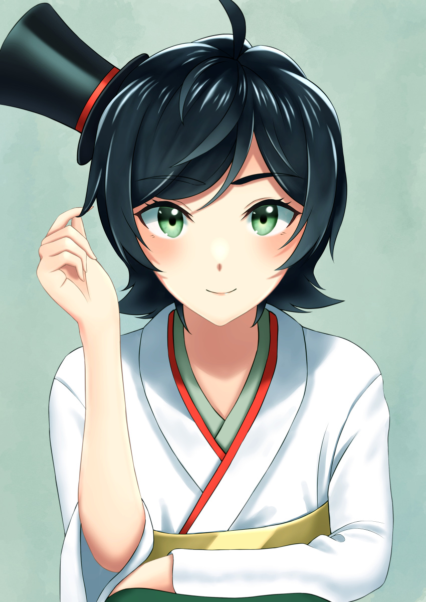 1girl absurdres ahoge bangs black_hair blue_background blue_eyes eyebrows_visible_through_hair furisode hakama hat highres japanese_clothes kantai_collection kimono light_blue_background looking_at_viewer matsukaze_(kantai_collection) meiji_schoolgirl_uniform mini_hat mini_top_hat mugiaki short_hair simple_background smile solo swept_bangs top_hat upper_body wavy_hair
